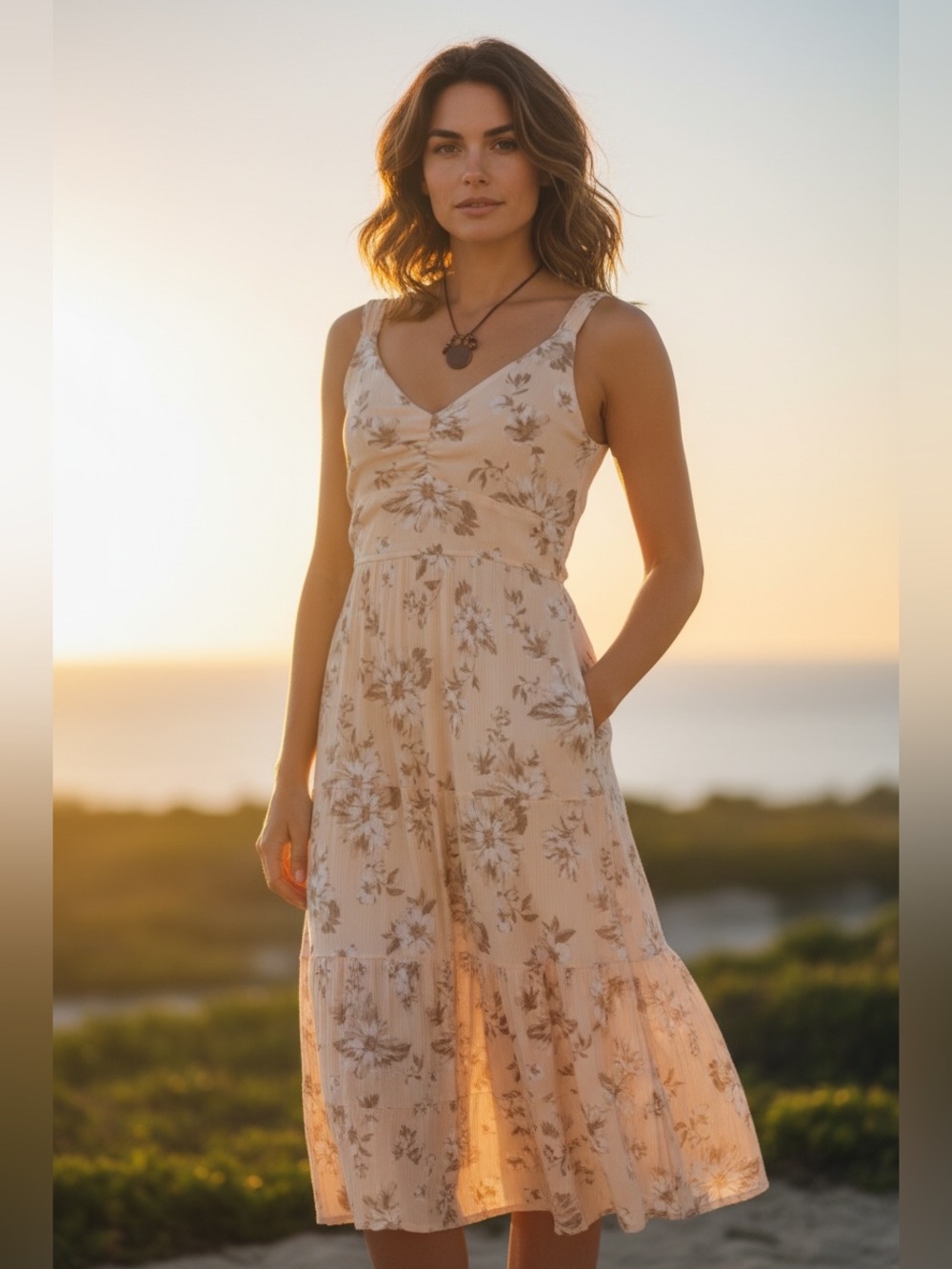 Dress Forum Los Angeles Cream Floral Pleated Tie-Back Midi Dress Size M